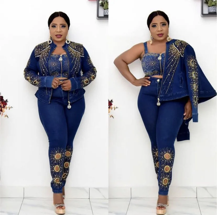 

3 Piece Set Women Outfit Sexy Luxury Diamonds Ladies Tracksuits Denim Crop Top Long Sleeve Coat High Waist Pencil Pants Sets