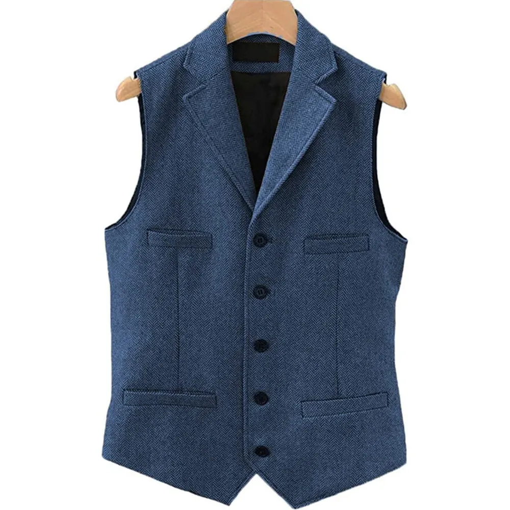 Tweed Herringbone Mens Suit Vest Slim Fit Notch Lapel With 4 Pockets Groomsmen Wedding Waistcoat For Wedding 3