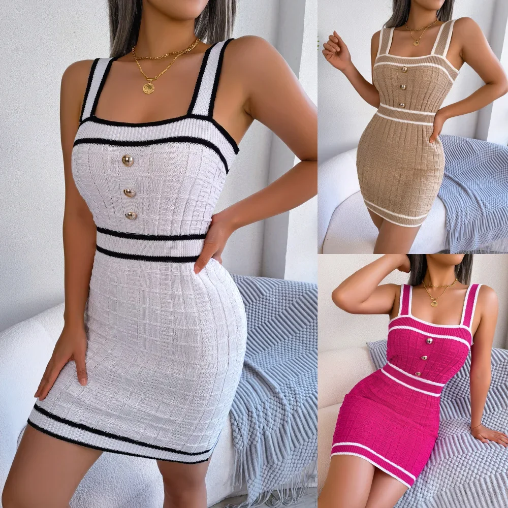 

Autumn Women's Casual Fashion Square Neck Button Block Color Cinched Waist Suspender Knit Hip Skirt Sexy New Style