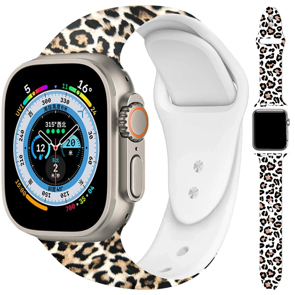 Leopard Printing Bracelet for Apple Watch Band Ultra 2 49mm 44 40 41 45  38MM 42MM for iWatch 9 8 7 6 SE 5 4 Women Silicone Strap