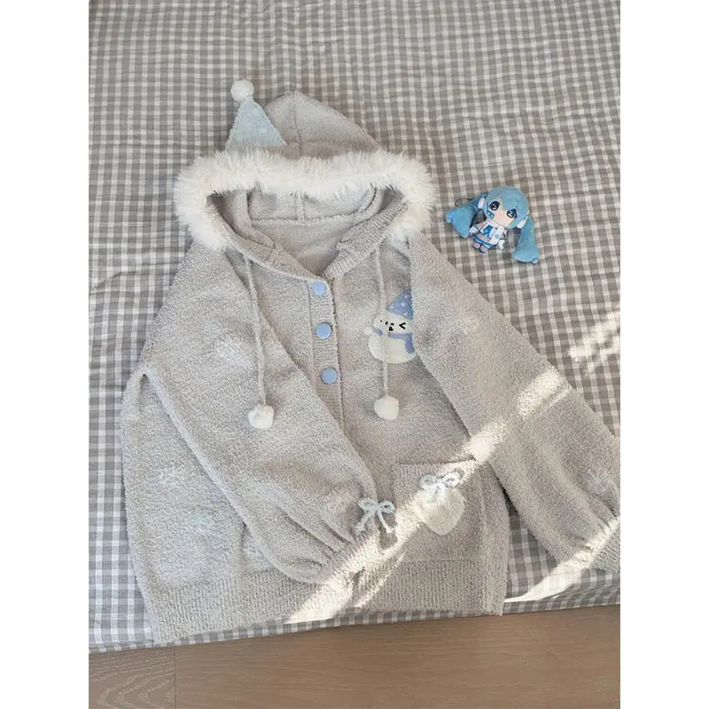 Милая флисовая толстовка с капюшоном, женское зимнее теплое пушистое пальто, мягкая удобная повседневная модная уютная куртка со снеговиком и вышивкой, 2025 г.