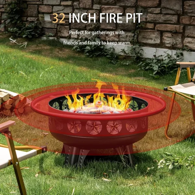 32 Inch Fire Pit with Swivel Cooking Grate,3-in-1 Wood Burning Firepit with Grill,Outdoor Fire Pits Table with Metal Lid and Pok 5