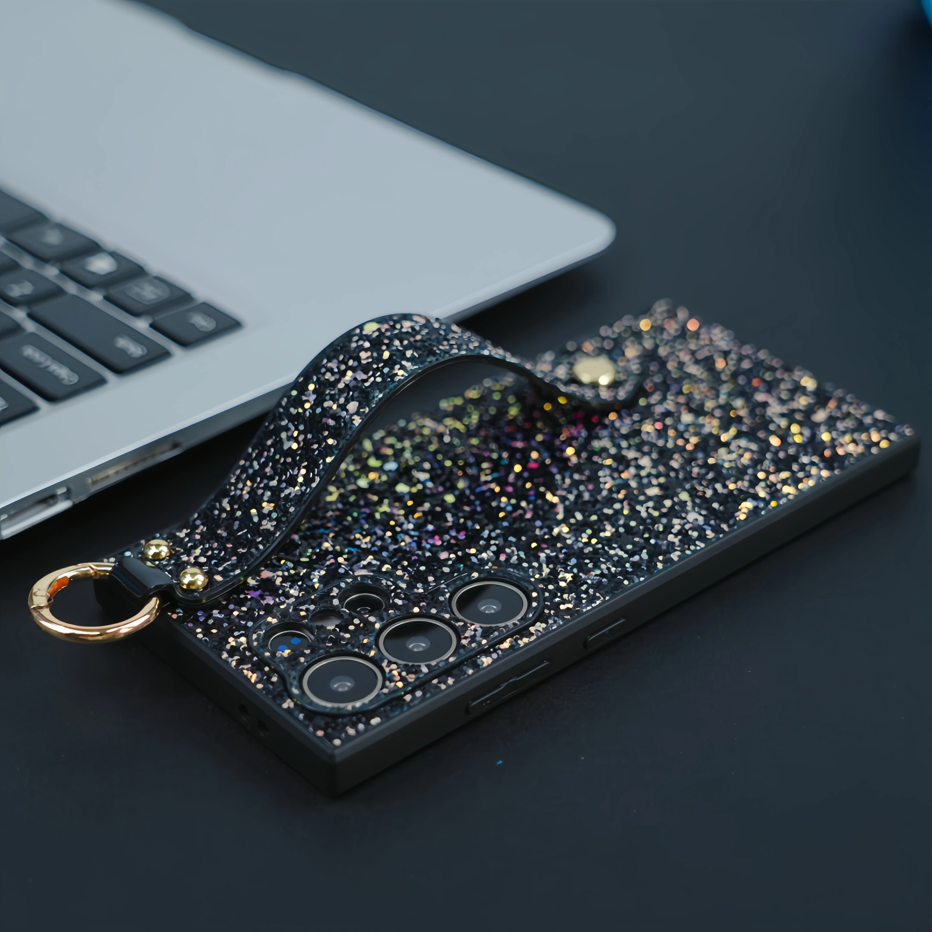 Wrist Strap Bracket Bling Glitter Shockproof Phone Case with Camera Protection