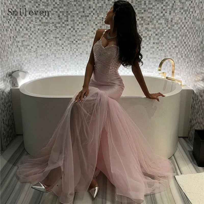 

Smileven Pink Mermaid Prom Dress Berading Straps Lace Tulle Evening Dress Elegant Floor Length Saudi Arabia Evening Party Gowns