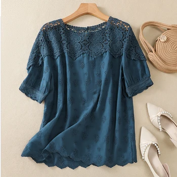 Cotton jacquard short-sleeved round neck pullover blouse 1