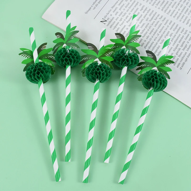 Summer Hawaiian Green Coconut Honeycomb Paper Straw Beach Party Birthday Cocktail Drinking Disposable Tableware Straw Decor 20pc