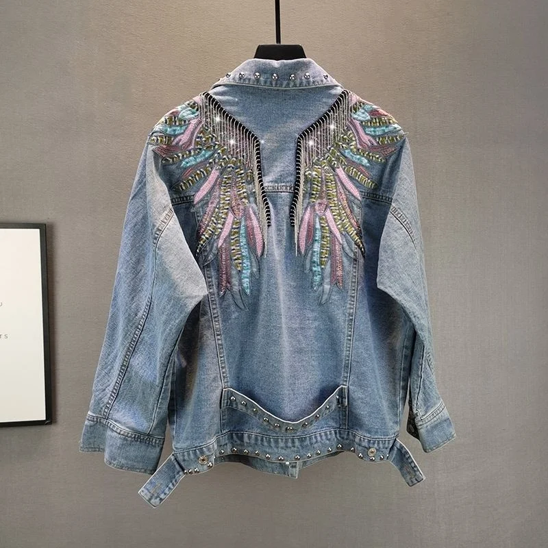 Veste en jean à manches longues avec rivets pour femmes, manteau en jean femme, pompon perlé, mode automne, nouveau, 2024