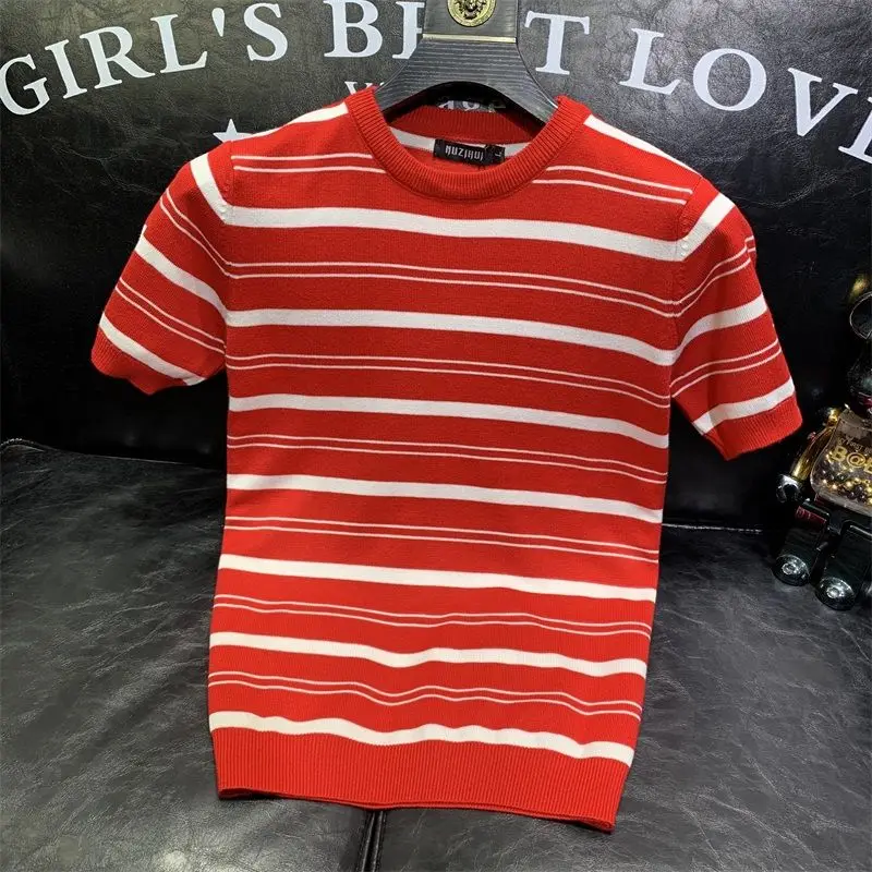 

Casual Slim Fit Striped Round Neck Knitting Men T-Shirts 2024 Spring Autumn Short Sleeve Warm Contrast Pullover T Shirts Z09