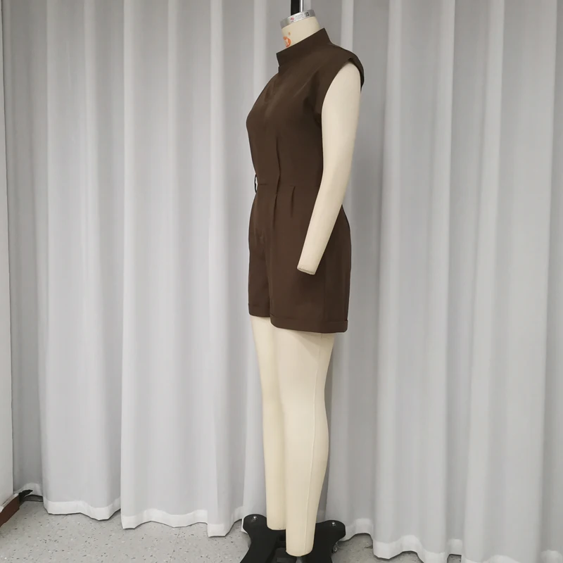 Waytobele Women Jumpsuit Summer Office Trendy Stand Neck Sleeveless Solid Color Romper With Pocket Short Jumpsuit Streetwear