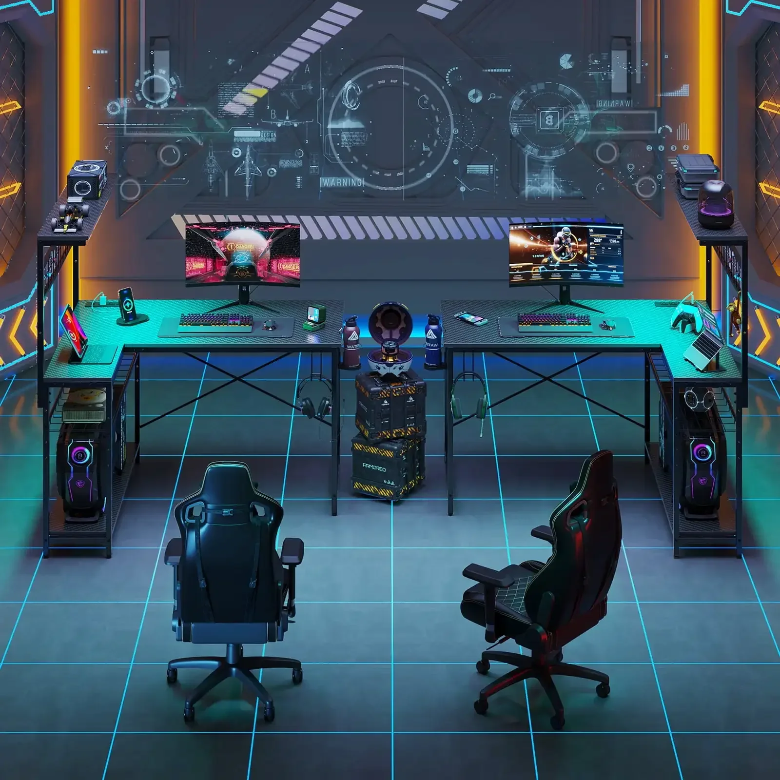 Adult Collection L Shape Power Outlets and LED Black Gaming Desk, Black 6