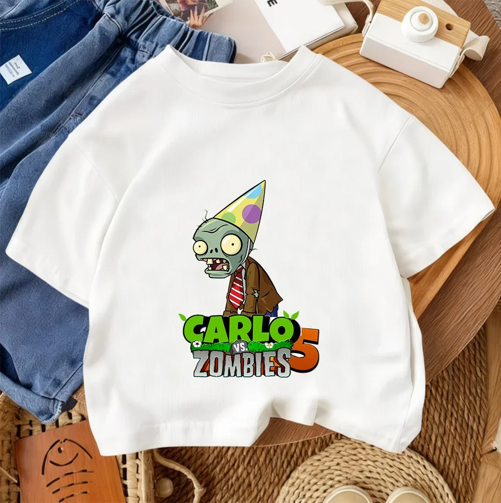키즈 스트리트 패션 티셔츠 Plants Vs Zombies 귀여운 프린트 2026 여름 캐주얼 데일리웨어 3-14세