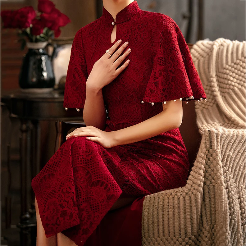 

Lady Classic Mandarin Collar Long Cheongsam Sexy Burgundy Lace Qipao Traditional Chinese Dress Celebrity Banquet Dress Vestidos