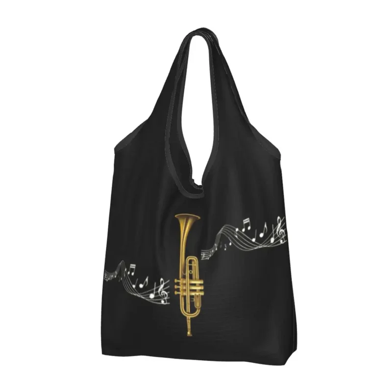 

Custom Trumpet With Music Notes Shopping Bag Women Portable Large Capacity Grocery Musician Trumpeter Tote Shopper Bags