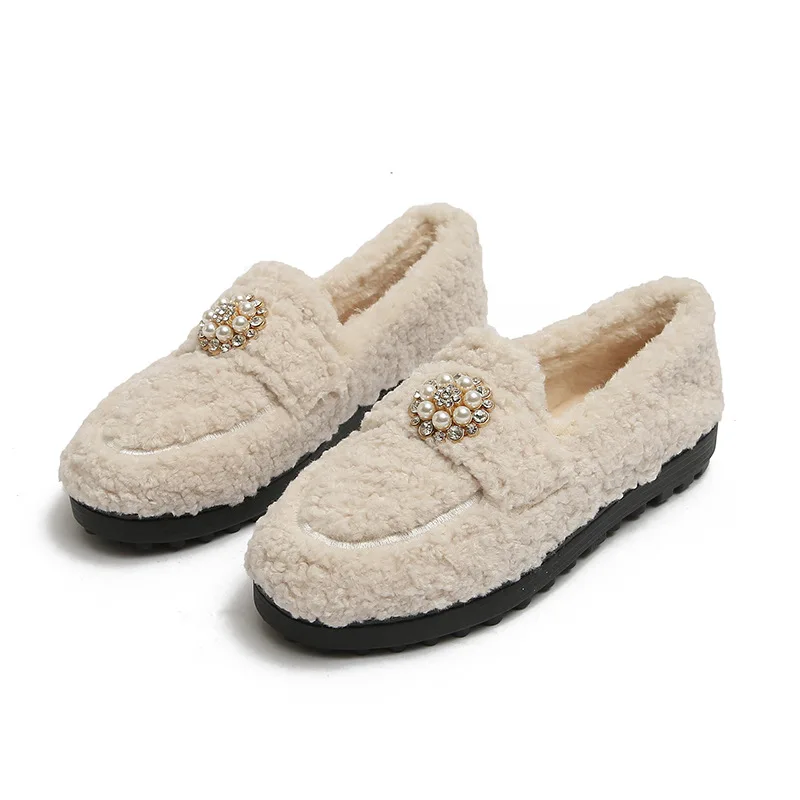 Winter High Quality Lamb Wool Keep Warm Women's Shoes Pearl Flowers Slip-on Loafers Solid Color Fluffy Flat Women Casual Shoes