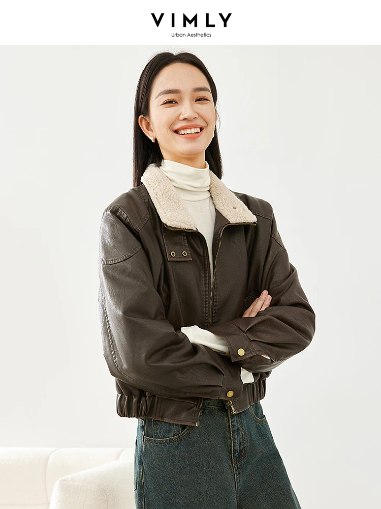 Vimly Lapel Zipper Leather Jacket Ladies 2023 Winter Thick Warm Long Sleeve Cropped Jackets Casual Loose Women's Outerwear 16385