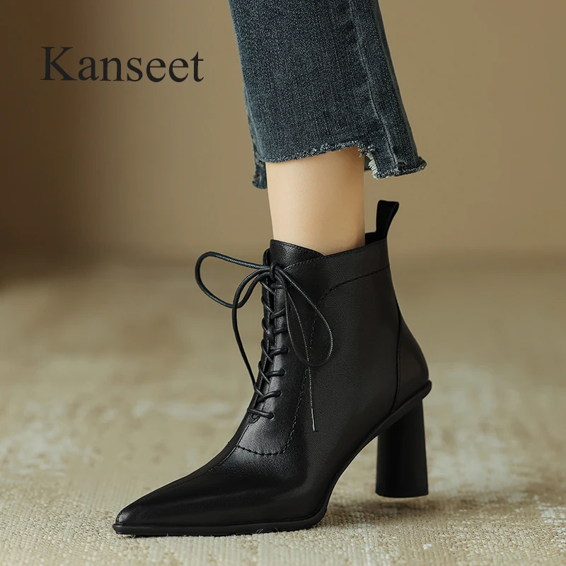 

Kanseet Women Short Boots 2023 Autumn Winter Genuine Leather Shoes Pointed Toe Elegant High Heel Ladies Zipper Black Ankle Boots