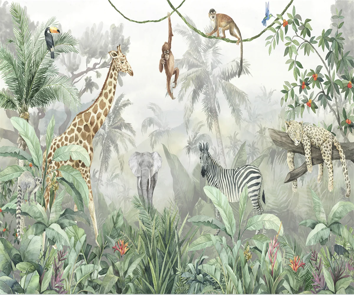Custom Cartoon Animal Jungle Wallpaper Mural for Kindergarten Children's room Tiger Elephant Giraffe Background jungle wallpaper