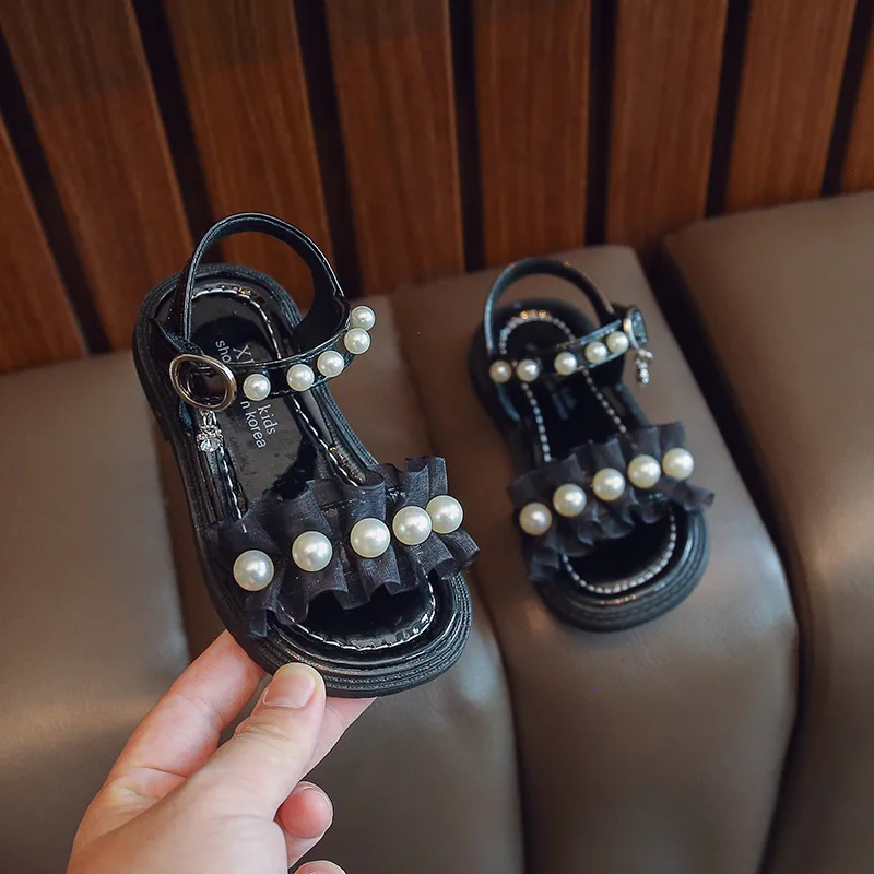 

Summer Sandals for Girls Classic Pearl Beading Children Lace Pleated Stylish Toddler Daily Kids Flat Princess Causal Beach Shoes