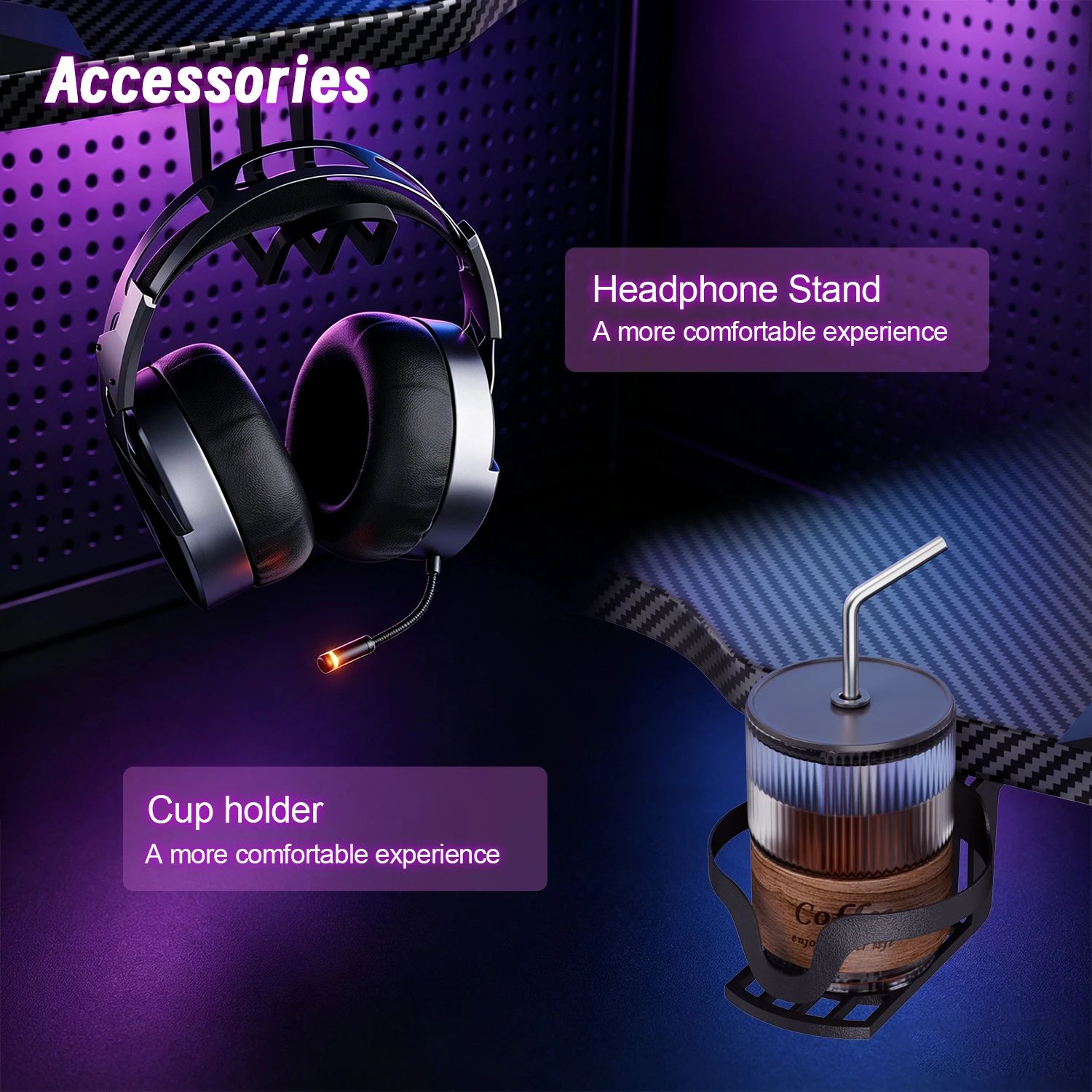 Gaming Desk with RGB LED Lights, Carbon Fiber Surface Gaming Table, Y‑Shaped Game Computer Desk with Cup Holder & Headphone Hook, Adjustable Leveling Feet for Home Office Gaming Room