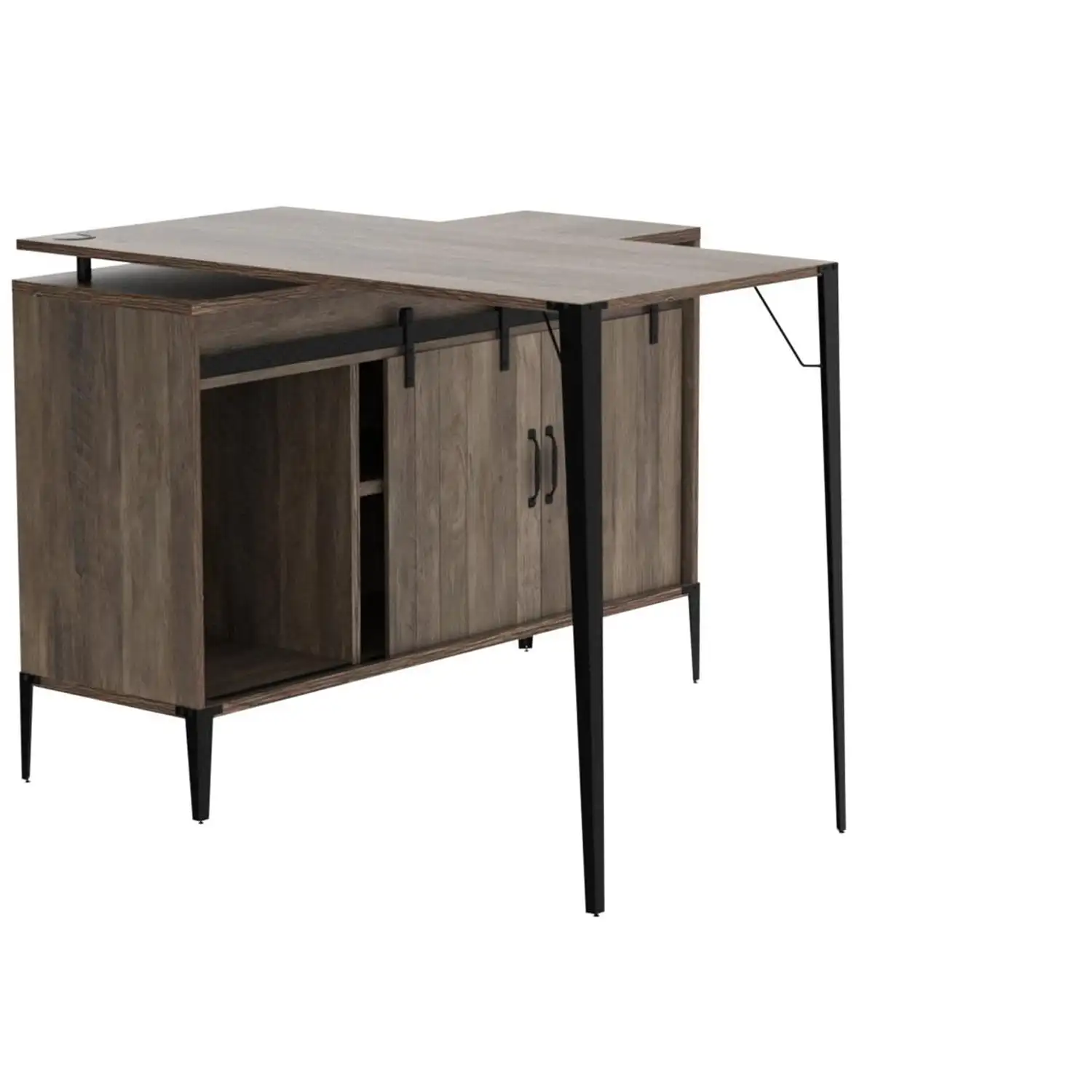 Wooden Writing Desk with Storage Cabinet, Computer Desk with 2 Slide Door, Brown and Black 5