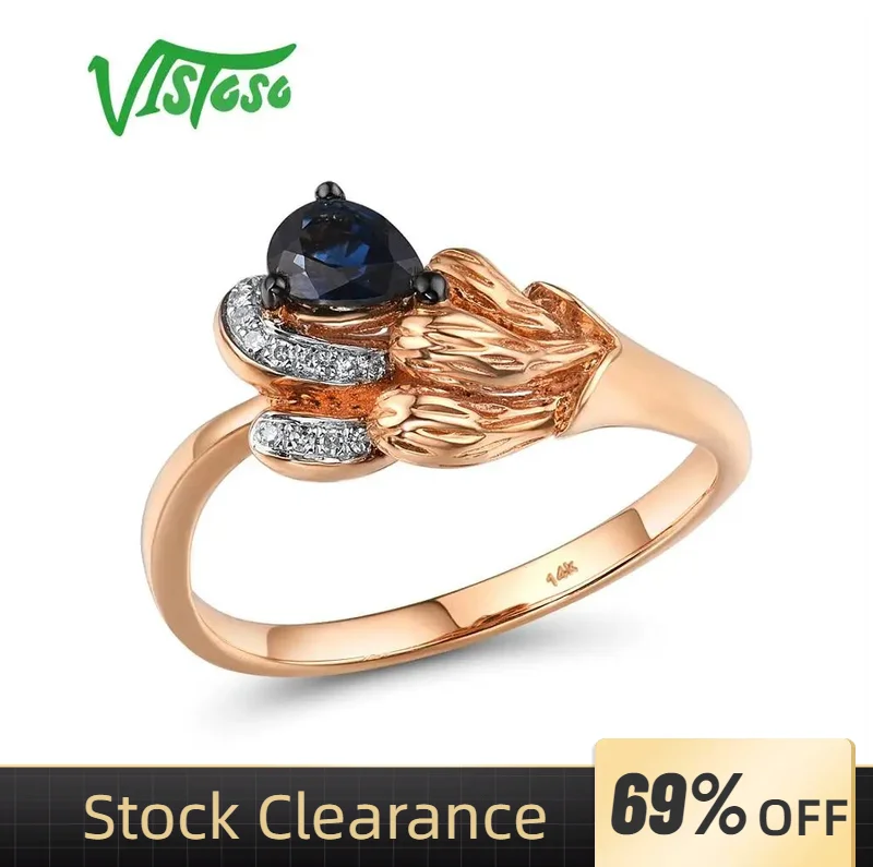 

VISTOSO Pure 14K 585 Rose Gold Ring For Women Ring shining Diamond Blue Sapphire Luxury Wedding Engagement Elegant Fine Jewelry