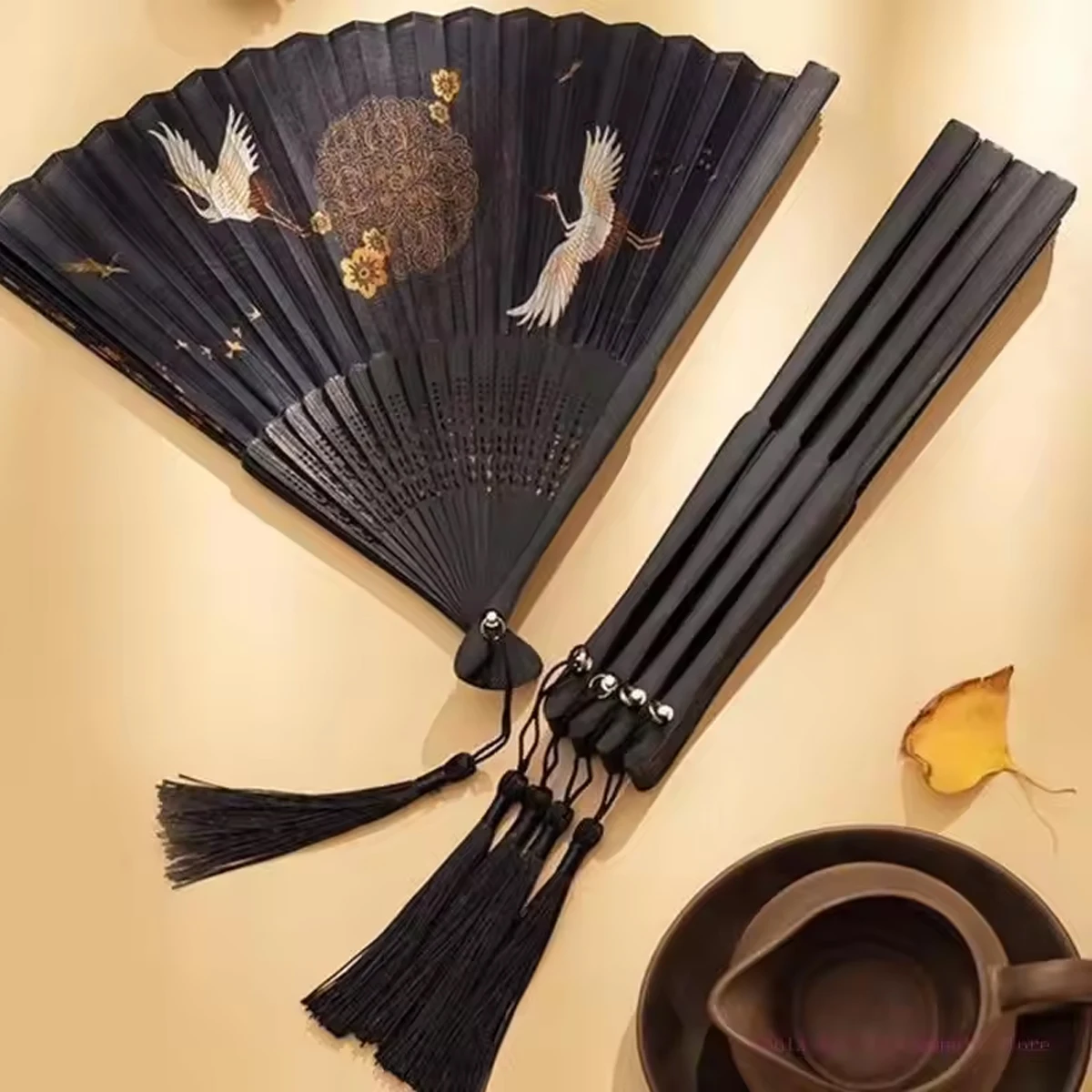 Vintage Styles Chinese Hand Fan Cranes Pattern Ancient Folding Fan with Tassels