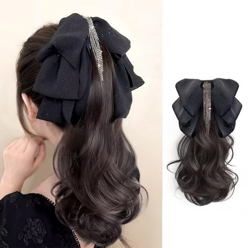 Elegant Tassel Bow Wig with Heat-Resistant Curly Hair & Sophisticated Accessories