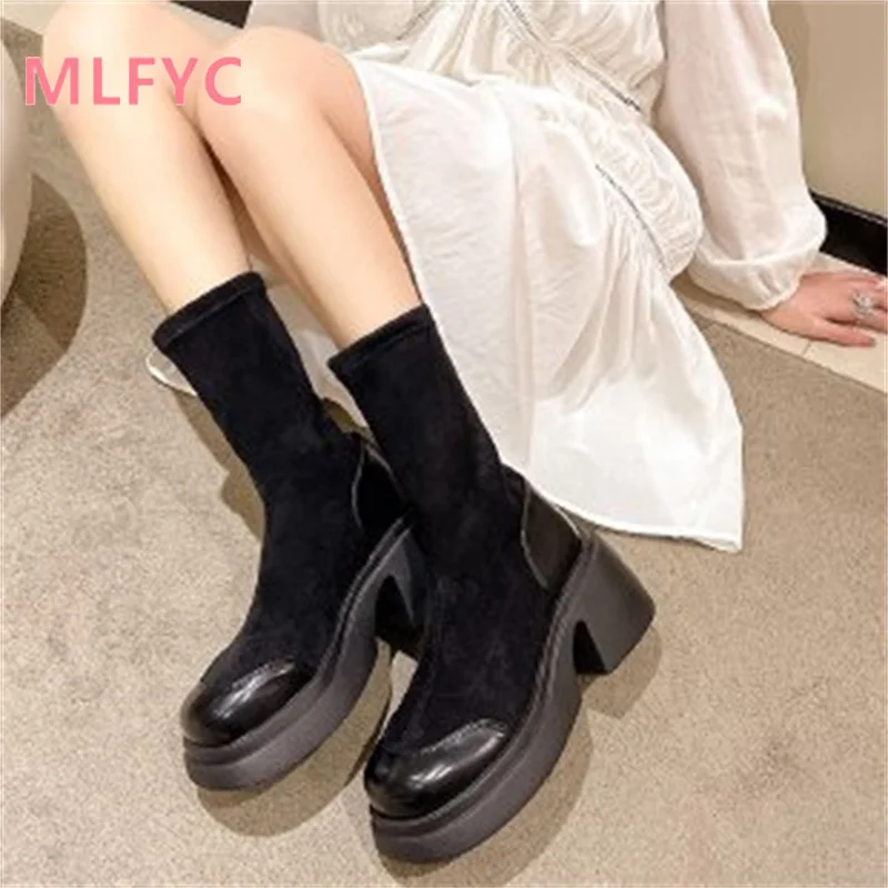 2023 Autumn/Winter Thick Sole Elastic Boots Women's Versatile Casual Boots female Retro Thick Heel Short Boots