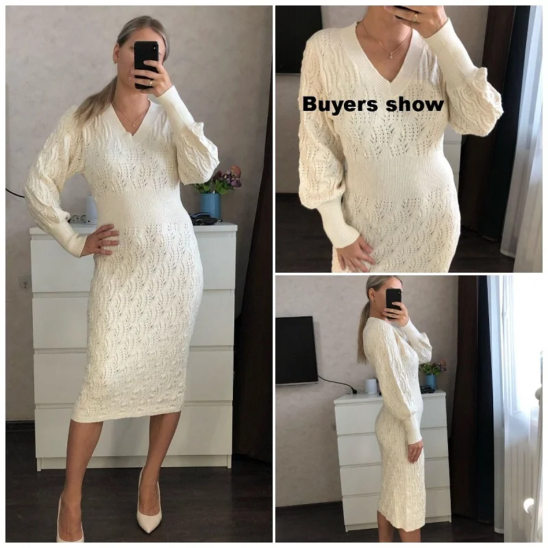 Sweater Dress Women DICLOUD Autumn Elastic Long Sleeve Uellow