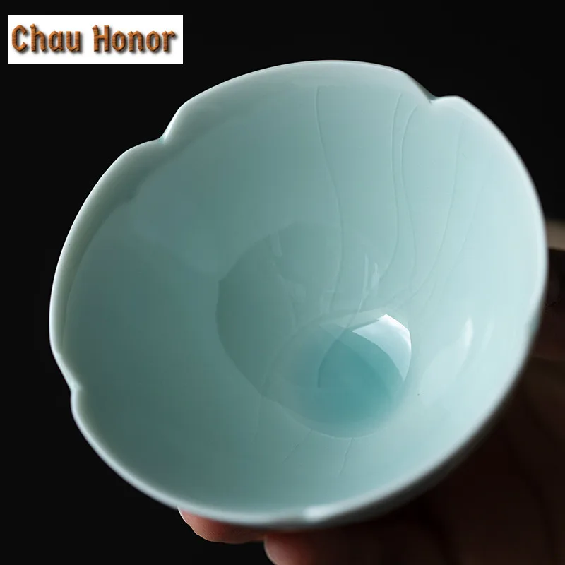 2pc/Set 65ml Creativity Hutian Kiln Misty Blue Ceramic Tea Bowl Sunflower Celadon Tea Cup Personal Hostess Cup Kung Fu Tea Set