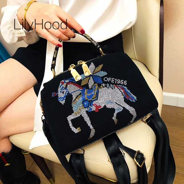 Women Vegan Leather Shiny Rhinestone Luxury Horse Short Handle