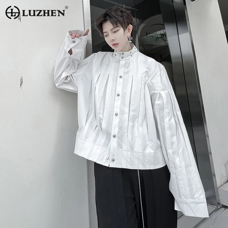 

LUZHEN Fashion Pleated Shirts Men's Solid Color Long Sleeve Tops Rivet Decorative Trend Fold Korean Style Male Cardigan Bdf7e7