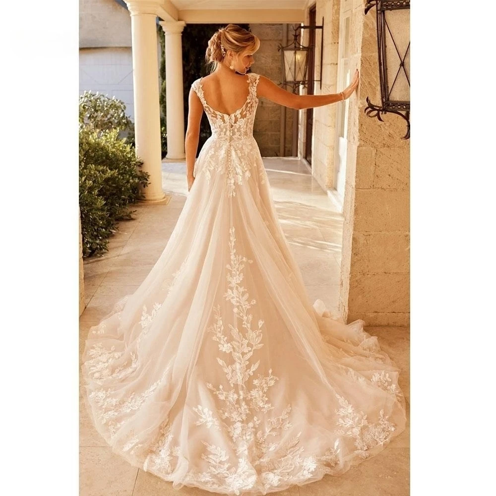 Elegant Wedding Dress For Women Customized V-Neck Cap Sleeve Lace Appliques Vestido De Noiva With Button Sweep Train Custom Made 3