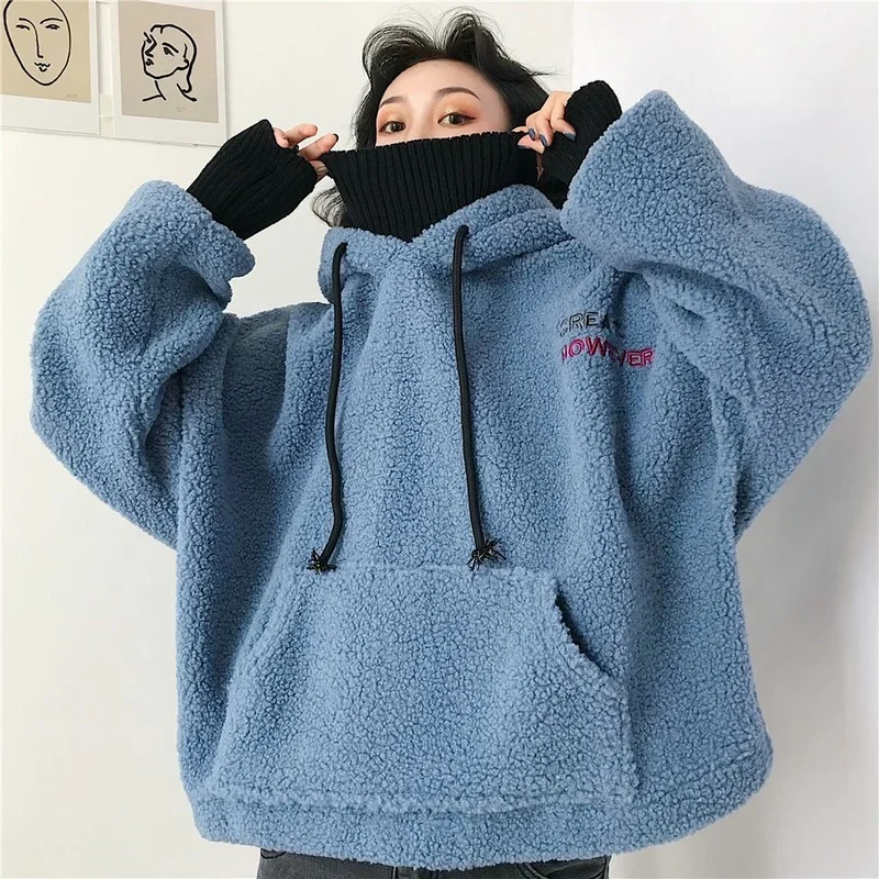 Ladies Winter Autumn Warm Pullovers Women Hoodies Lamb Wool Fake Two-piece Hooded Sweatshirts 2021 Knitted Halter Tops Jumper autumn and winter new 100% pure wool men s fashion loose thickening fake two cashmere sweaters