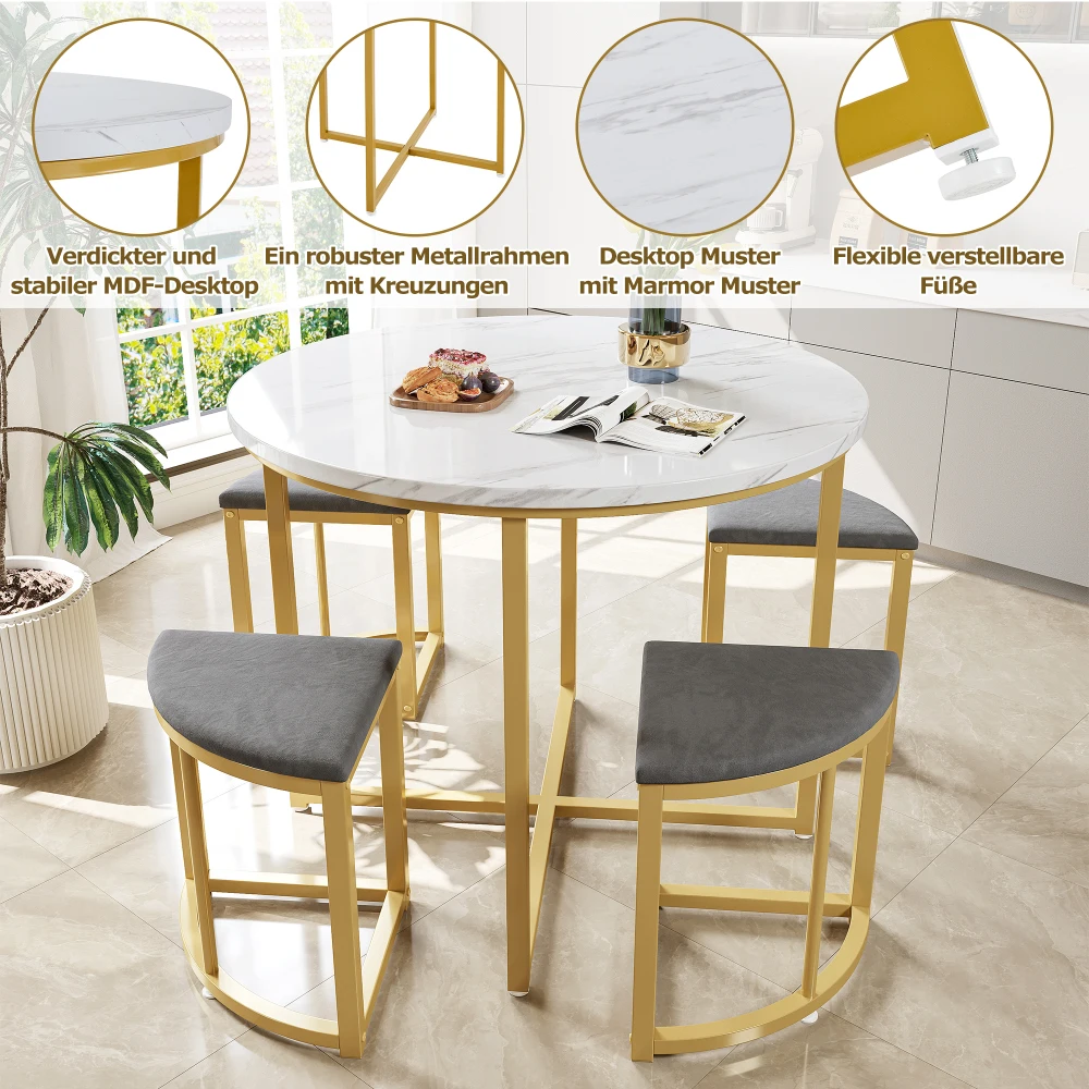 Moderner Luxustisch und Stühle, bestehend aus 1 Esstisch-Set und 4 Stühlen, Essgruppe mit MDF-Tischplatte und vergoldetem Eisenrahmen – Detail 7
