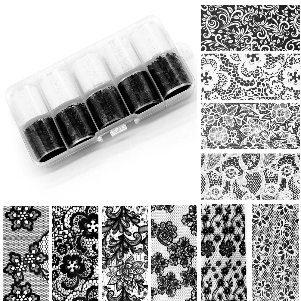 10 Rolls/Box White Black Lace Nail Art Foils Set Nail Transfer Sticker Paper DIY Manicure Styling Nail Decoration Accessories 2