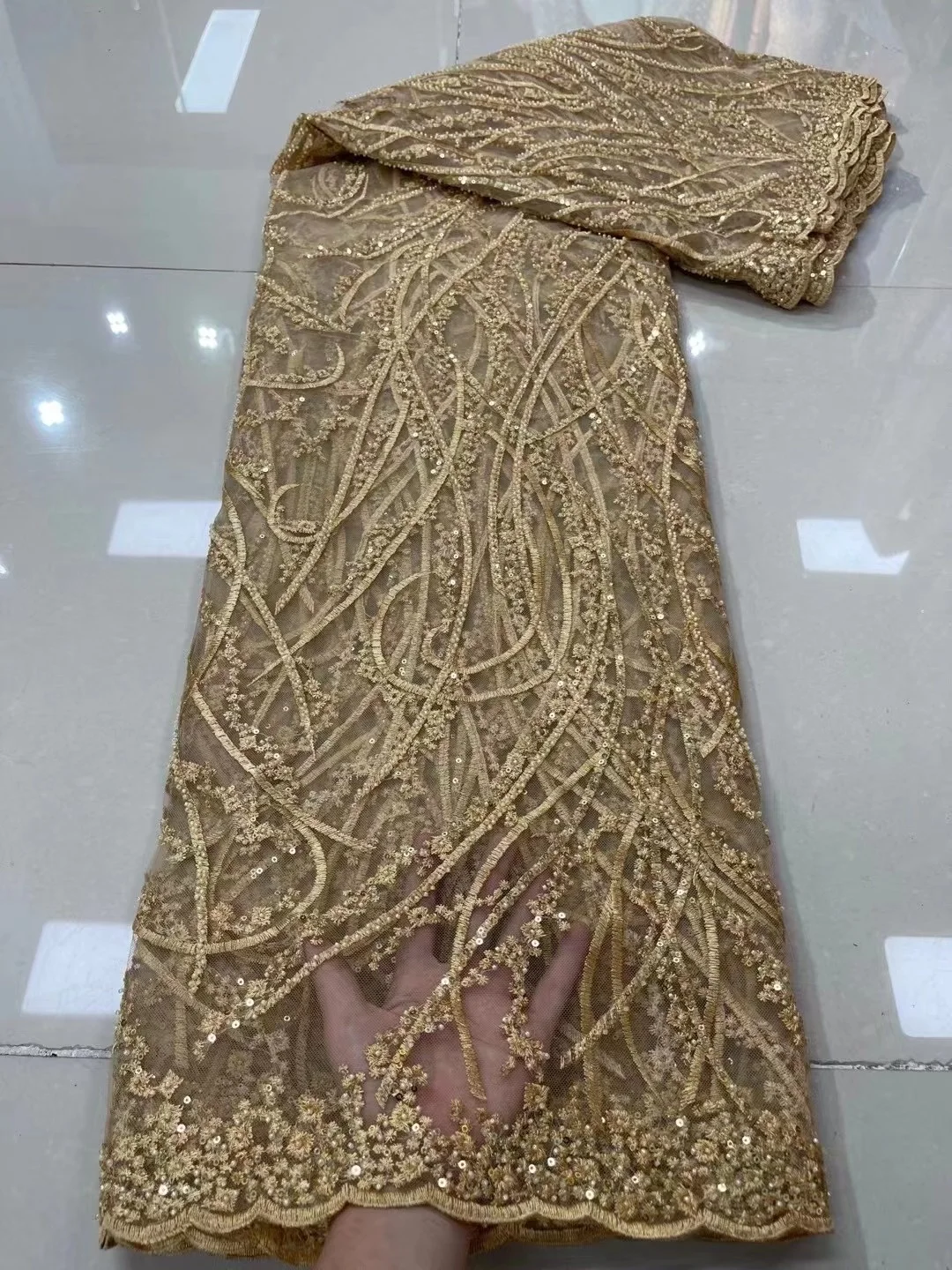 

Luxury Gold High Quality Handmade Beads Tulle Lace African Lace 2023 Embroidered Nigerian Lace For Wedding Dress