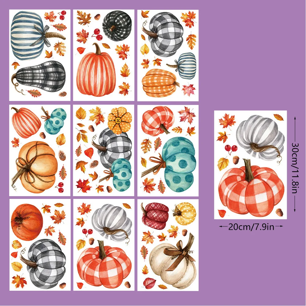 9 Sheets Thanksgiving Window Clings Pumpkin Maple Leaf Static Stickers Glass Art Decals for Fall Autumn Harvest Party Supplies