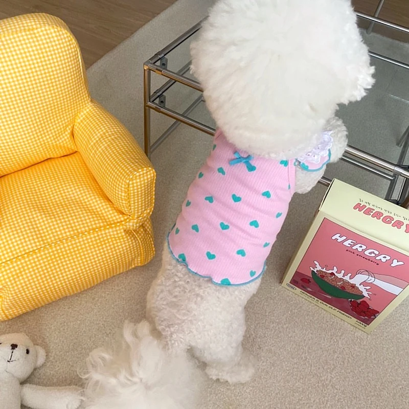 귀여운 레이스 러브 애완 동물 고양이 옷, 얇은 통기성 강아지 조끼, 비숑 말티즈 요크셔 작은 강아지 옷, 여름 신상