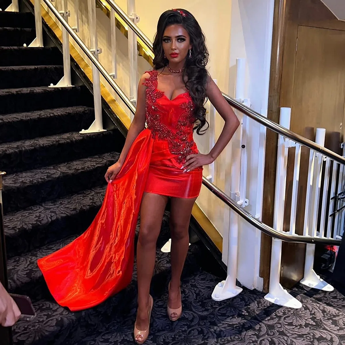 Red Mini Cocktail Dresses With Side Train Sweetheart One Shoulder Lace Appliques Beads Aso Ebi Mermaid Party Prom Dress evening dresses cocktail dress women mini dresses