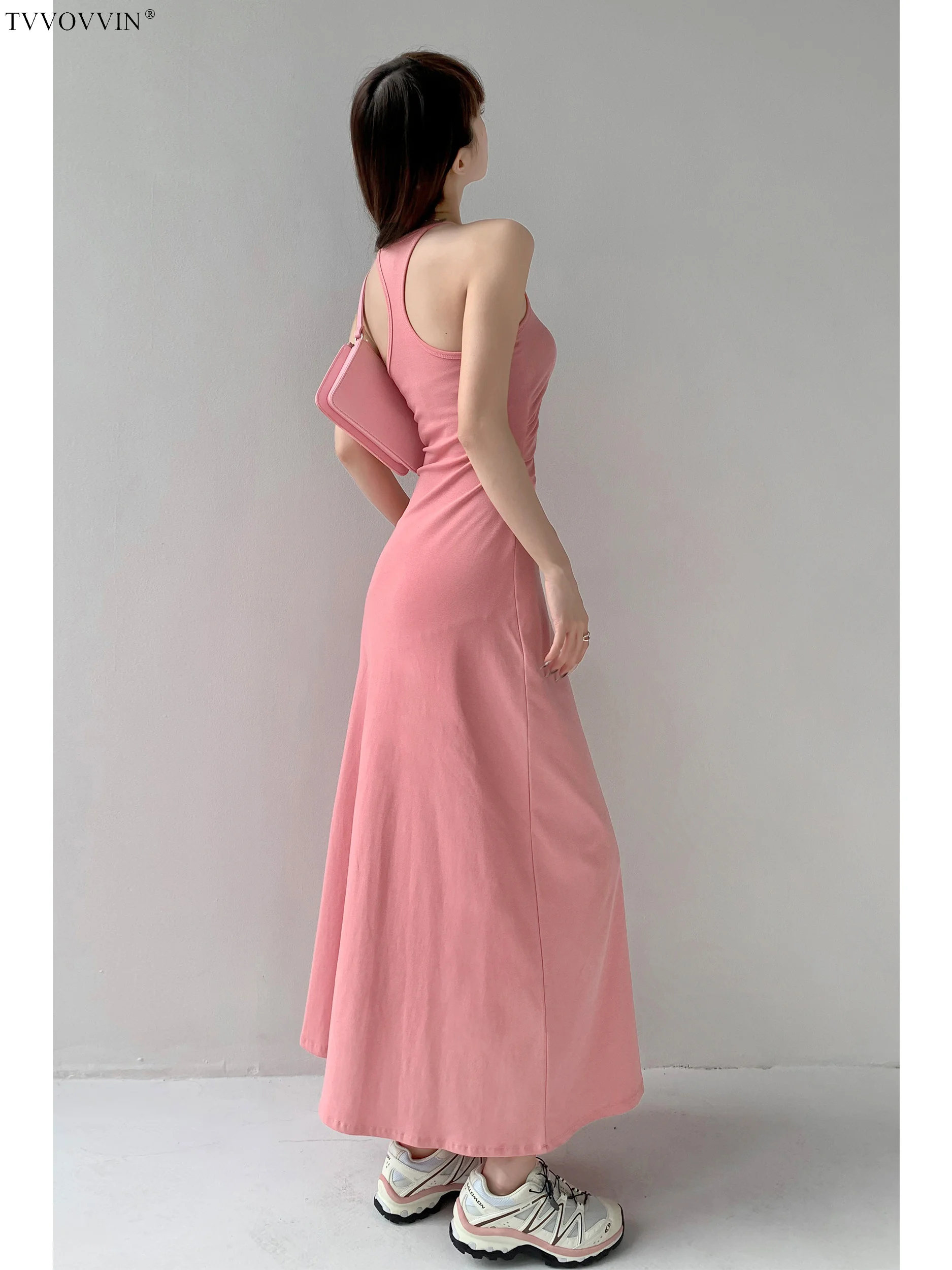 

WOMENGAGA 2023 Summer Girl Sexy Deep U-Neck Strap Long Dress Women's New Waist Shrinking Large Swing Dress Umbrella FPOA