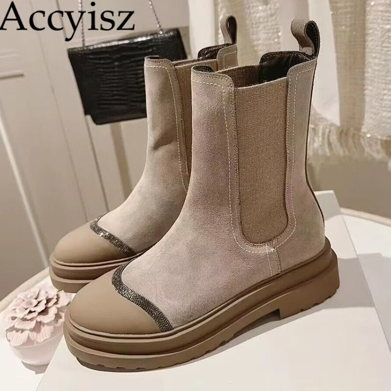 

Autumn and winter new cow velvet bead chain elastic thick soled short boots for women thick heel chimney boots Chelsea boot 2023