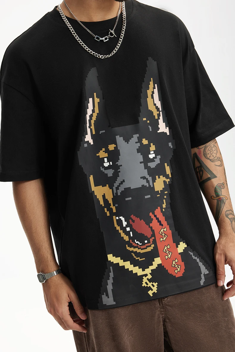 INFLATION Glow-in-the-Dark Doberman Print T-Shirt American Streetwear Loose Fit 100% Cotton Short Sleeve for Men