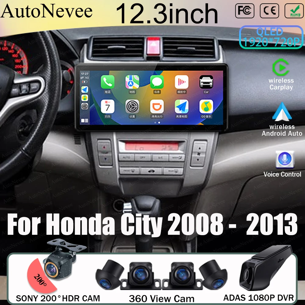 

12,3 дюймовый автомобильный стерео Android 13 для Honda City 2008 - 2013 Автомобильный сенсорный QLED экран GPS Bluetooth Видео Радио Автомагнитола DSP IPS DVD
