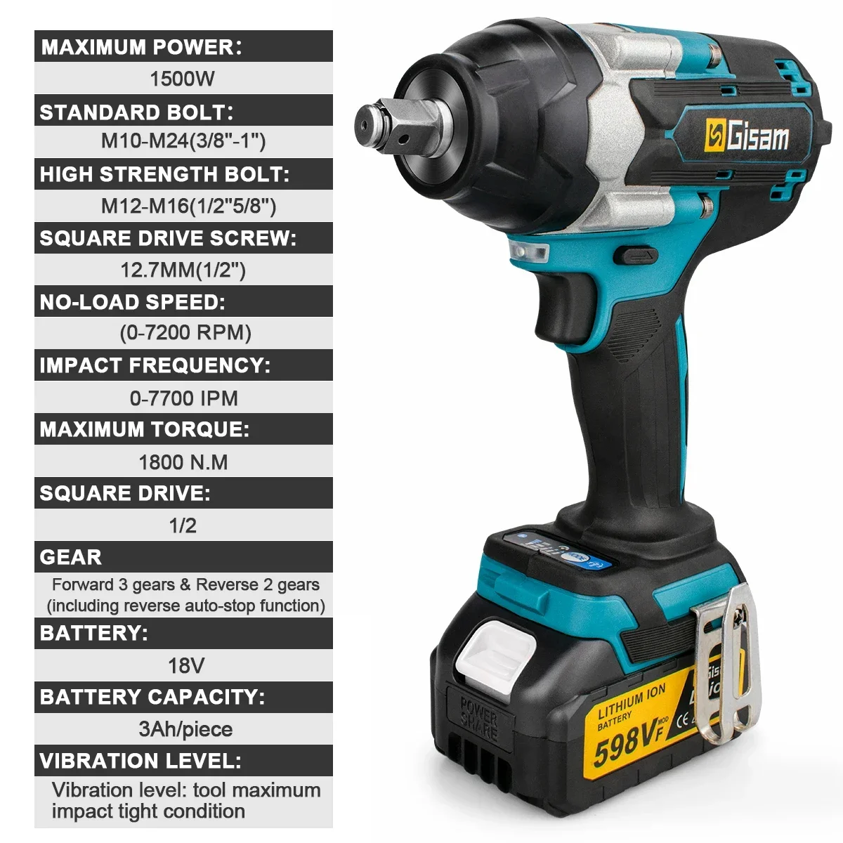 Gisam 1800N.M Torque Brushless Electric Impact Wrench 1/2 inch  Cordless Wrench Screwdriver Power Tools For Makita 18V Battery 4