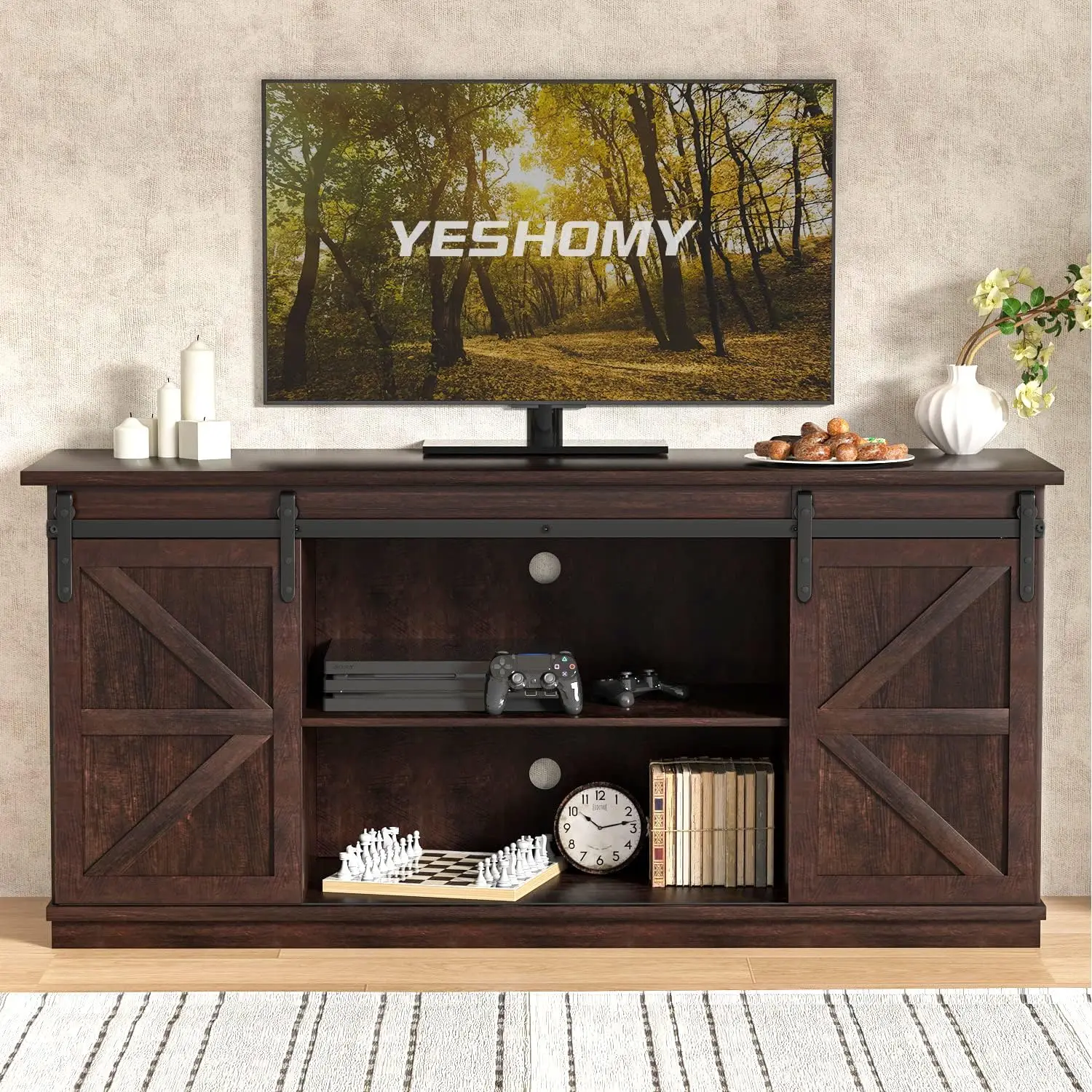 

TV Stand for Televisions up to 65 Inchs, with Sliding Barn Doors and Storage Cabinets, Console Table, 58 Inch, Espresso