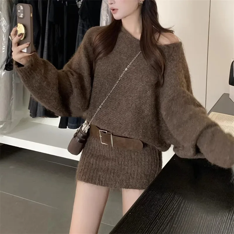 Women Knit Pullover Sweater Bat Sleeve Sexy Long Knitwears Hip Skirt Sweater with Sashes Vintage Autumn Winter Knitted Jumpers