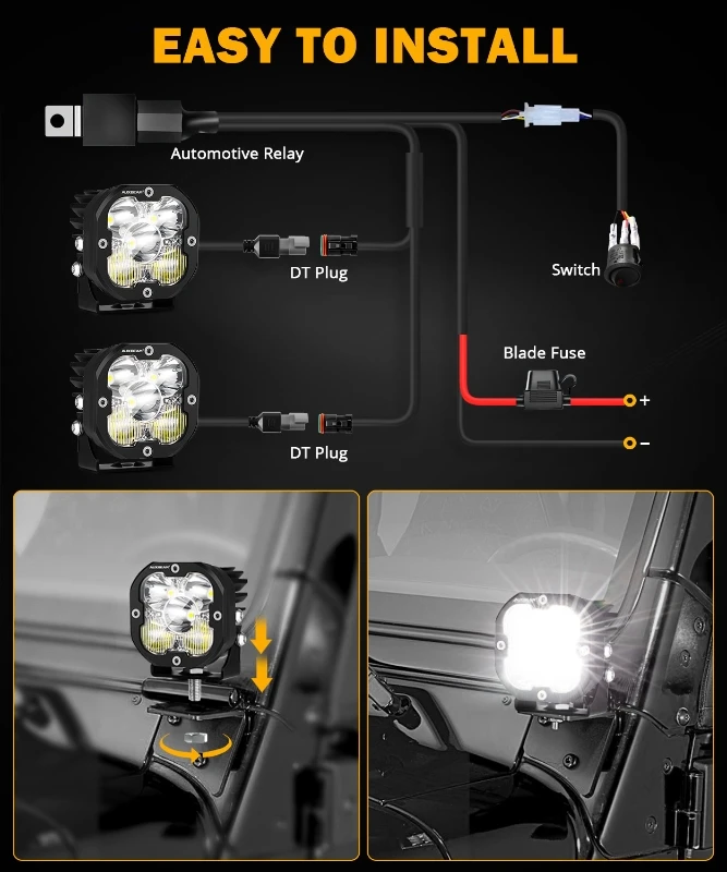 Auxbeam 4.5 Inch 128W LED Pod Lights - 15200LM Flood Beam With Amber Covers & DRL For Off-Road