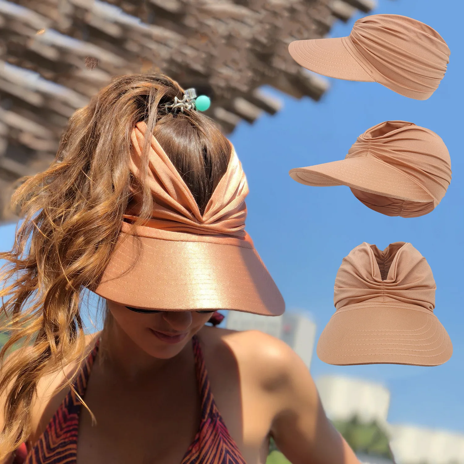Polyamide Sun Protect Wide Brim Sunhat Women Outdoor Summer Hat Open Top Hollow Cap Adult Sun Visor Hat Travel Seaside Beach Hat