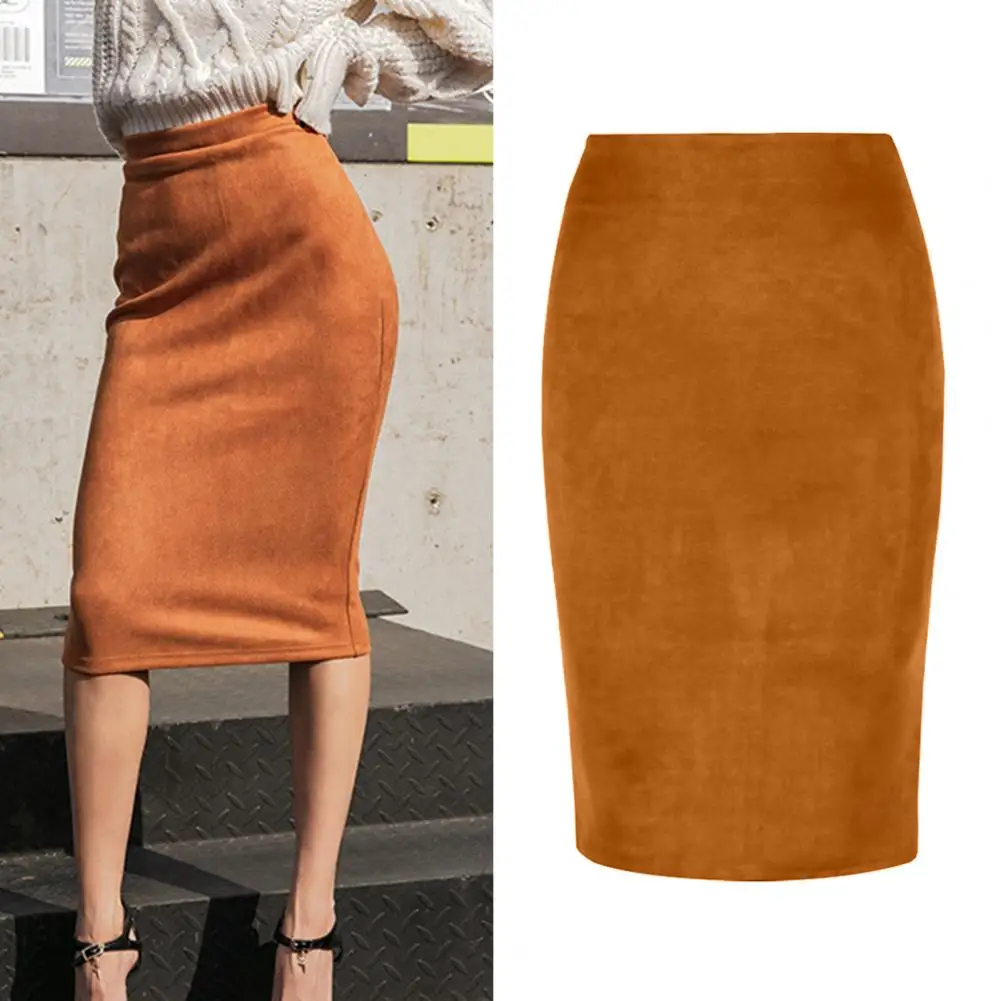 Women Pencil Skirt High Waist Hip Wrapped Solid Color Suede Skirt